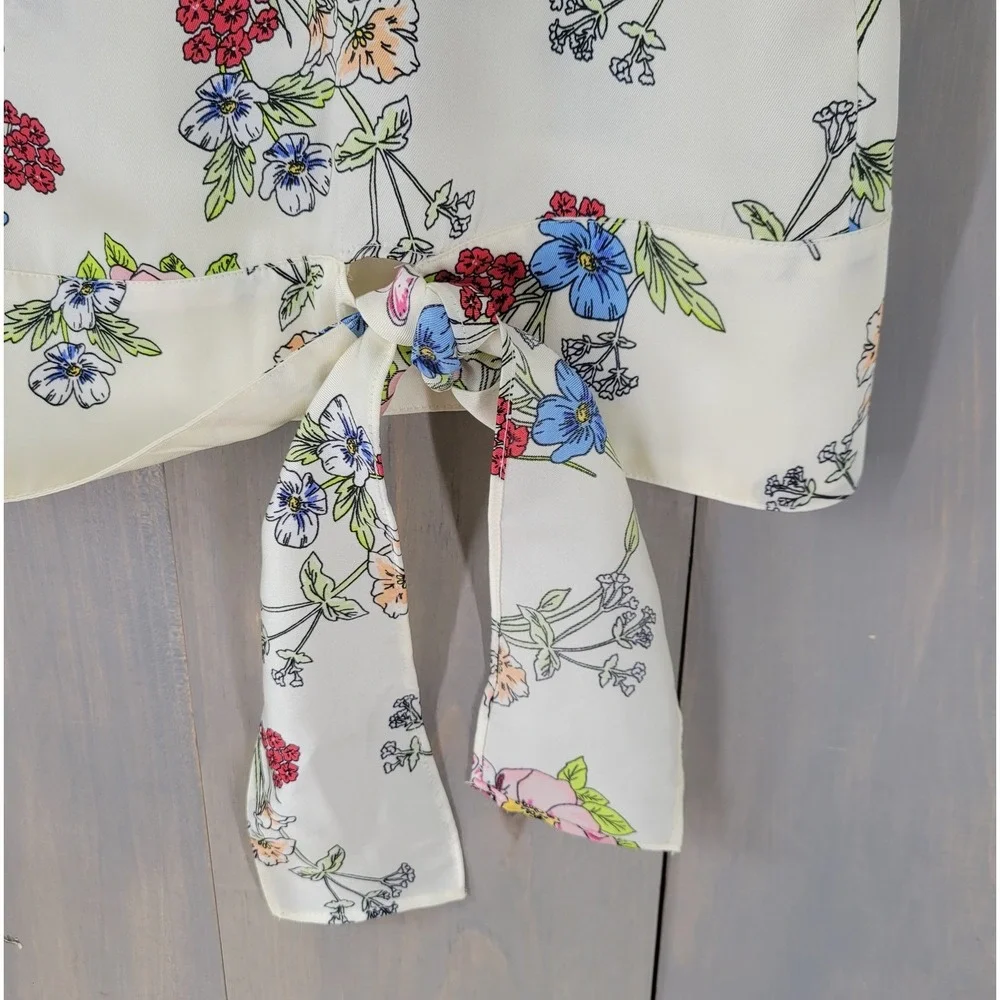 Talbots Floral Sleeveless Blouse‎ Womens Large Cream Tie Front Keyhole Back